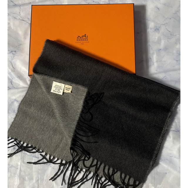 【美品】 HERMES エルメス マフラー ストール カシミヤ グレー ブラック