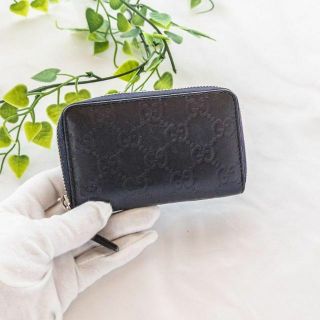 人気✨GUCCI シマ コインケース ラウンドファスナー GG柄 ロゴ レザー黒-