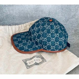 日本製】 グッチ GUCCI GG キャップ コットン レザー ブルー ユニ