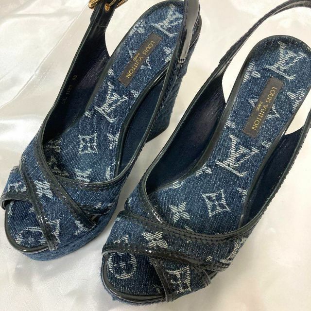 美品 ルイヴィトン サンダル ウェッジソール モノグラム デニム ダークネイビー