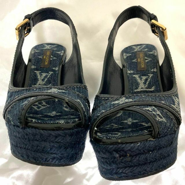 美品 ルイヴィトン サンダル ウェッジソール モノグラム デニム ダークネイビー