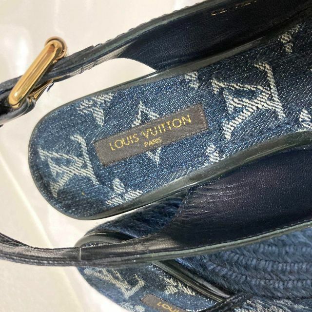 美品 ルイヴィトン サンダル ウェッジソール モノグラム デニム ダークネイビー