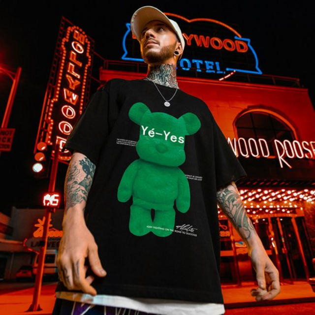 韓国 メンズ くま ベア Yes ストリート 半袖 Tシャツ ブラック 黒の