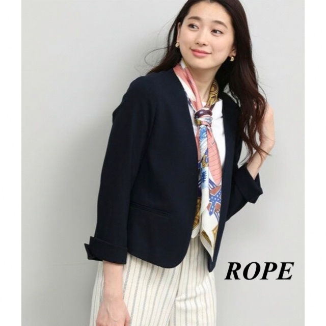 極美品】ROPE ロペ ストレッチノーカラージャケット ネイビー 38