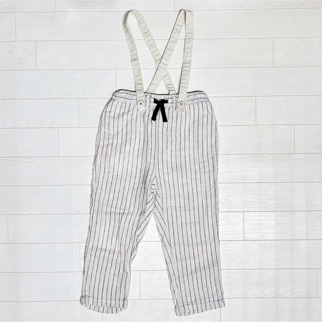 ZARA KIDS(ザラキッズ)の美品★ ZARA baby ストライプ柄リネンサロペット  100cm ホワイト キッズ/ベビー/マタニティのキッズ服男の子用(90cm~)(パンツ/スパッツ)の商品写真