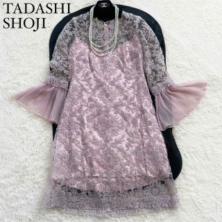 タダシショウジ(TADASHI SHOJI)の美品　タダシショージ　フレアスリーブドレス　フラワーレース　ワンピース　ピンク(ひざ丈ワンピース)