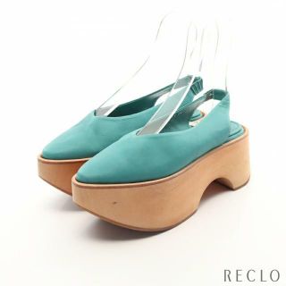 メゾンエウレカ(MAISON EUREKA)のOPEN HEEL WOODEN PLATFORM プラットフォーム パンプス ヌバック ウッド エメラルドグリーン バックバンド 厚底(ハイヒール/パンプス)