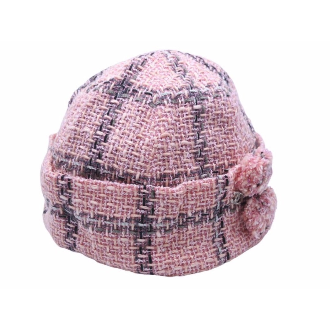極美品 CHANEL シャネル ニットキャップ ピンク ツイード ココマーク