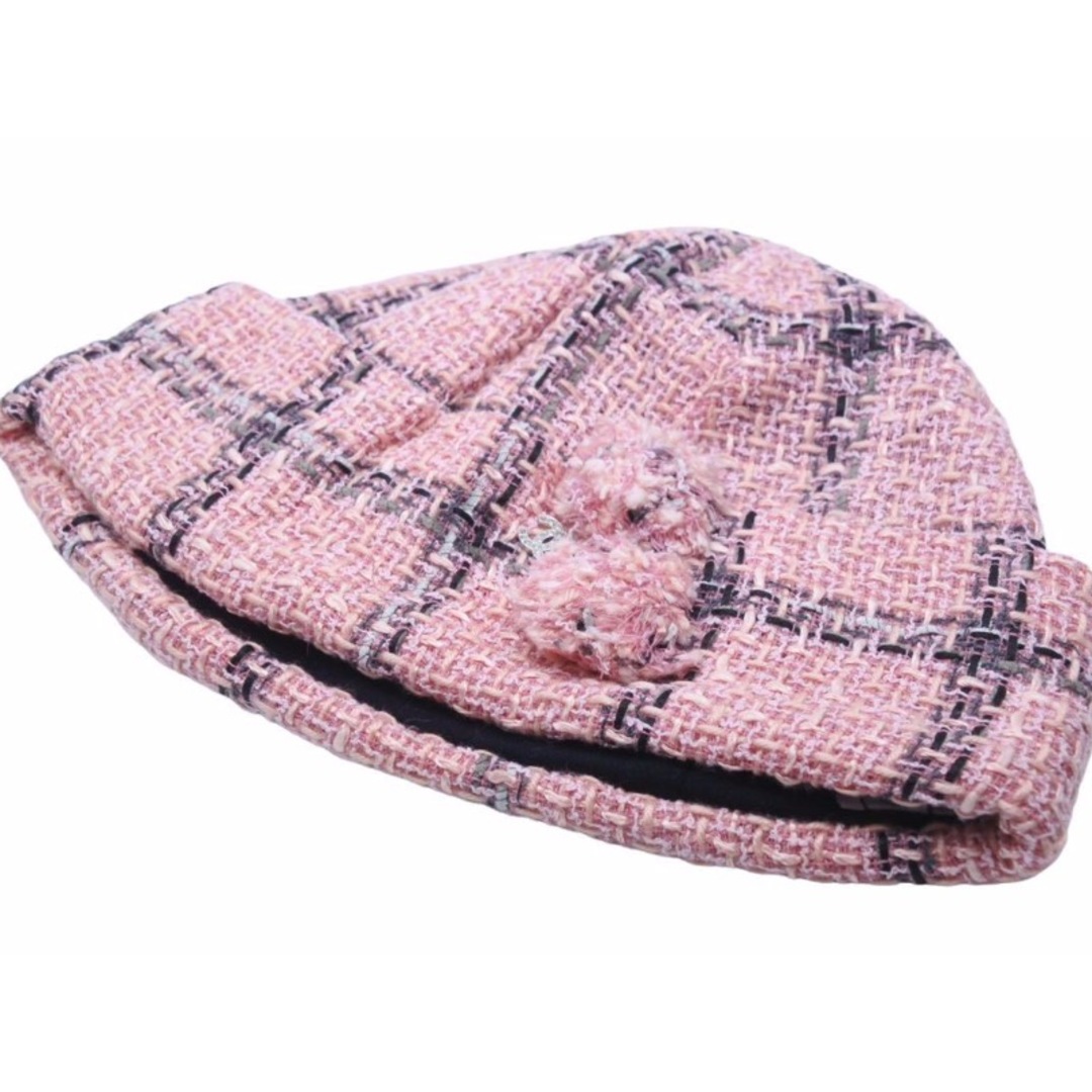極美品 CHANEL シャネル ニットキャップ ピンク ツイード ココマーク