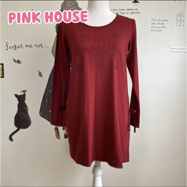 PINK HOUSE(ピンクハウス)の∇666 ピンクハウス(日本製)深い赤 サイドリボン 刺繍チュニック？ レディースのトップス(チュニック)の商品写真