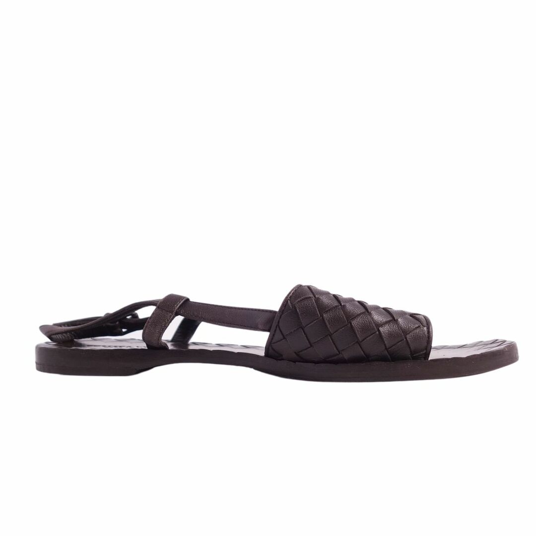 美品 ボッテガヴェネタ BOTTEGA VENETA サンダル フラット バックストラップ イントレチャート カーフレザー シューズ レディース 35.5(22.5cm相当) ブラウン