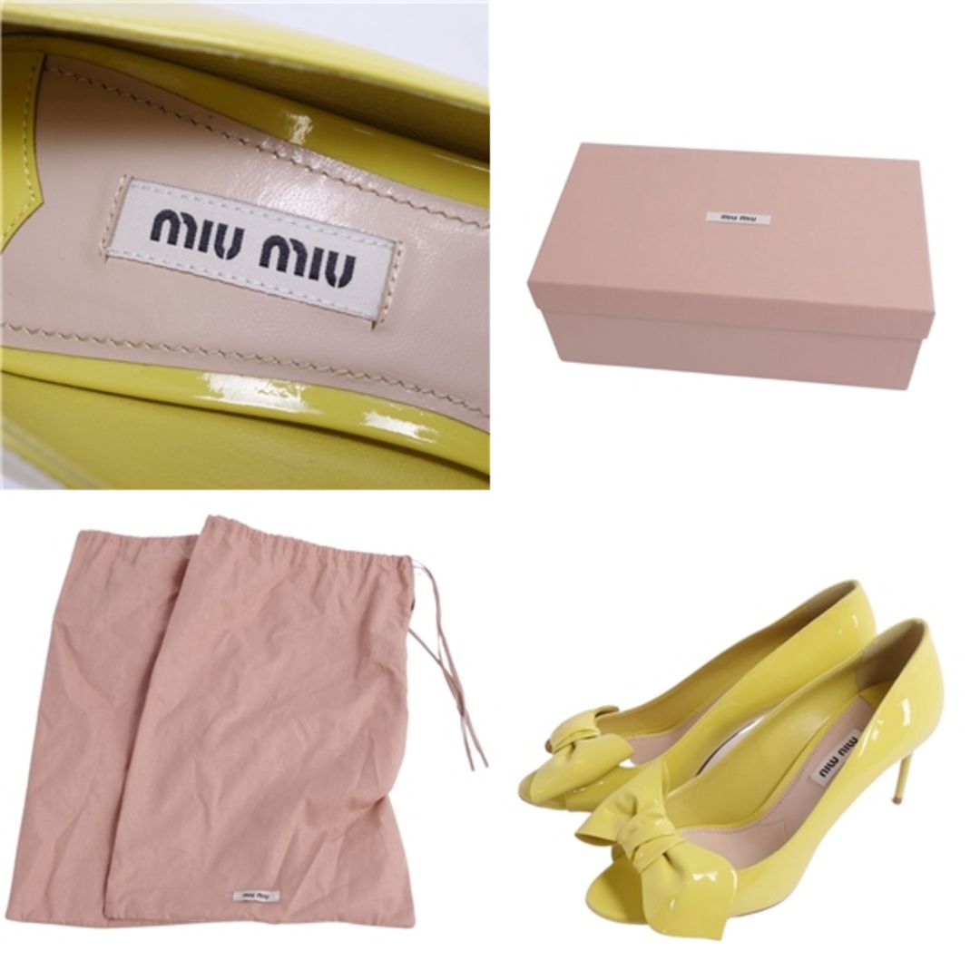 miumiu(ミュウミュウ)の未使用 ミュウミュウ miumiu パンプス ヒール オープントゥ リボン パテントレザー シューズ レディース 37(24cm相当) ライトグリーン レディースの靴/シューズ(ハイヒール/パンプス)の商品写真