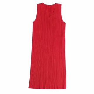 プリーツプリーズイッセイミヤケ(PLEATS PLEASE ISSEY MIYAKE)の美品 プリーツプリーズ イッセイミヤケ PLEATS PLEASE ワンピース ブラウス ノースリーブ プリーツ トップス レディース 3(L相当) レッド(ひざ丈ワンピース)