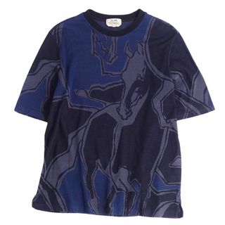 エルメス(Hermes)の極美品 エルメス HERMES Tシャツ カットソー ニット 総柄 コットン トップス メンズ イタリア製 XL ネイビー(Tシャツ/カットソー(半袖/袖なし))