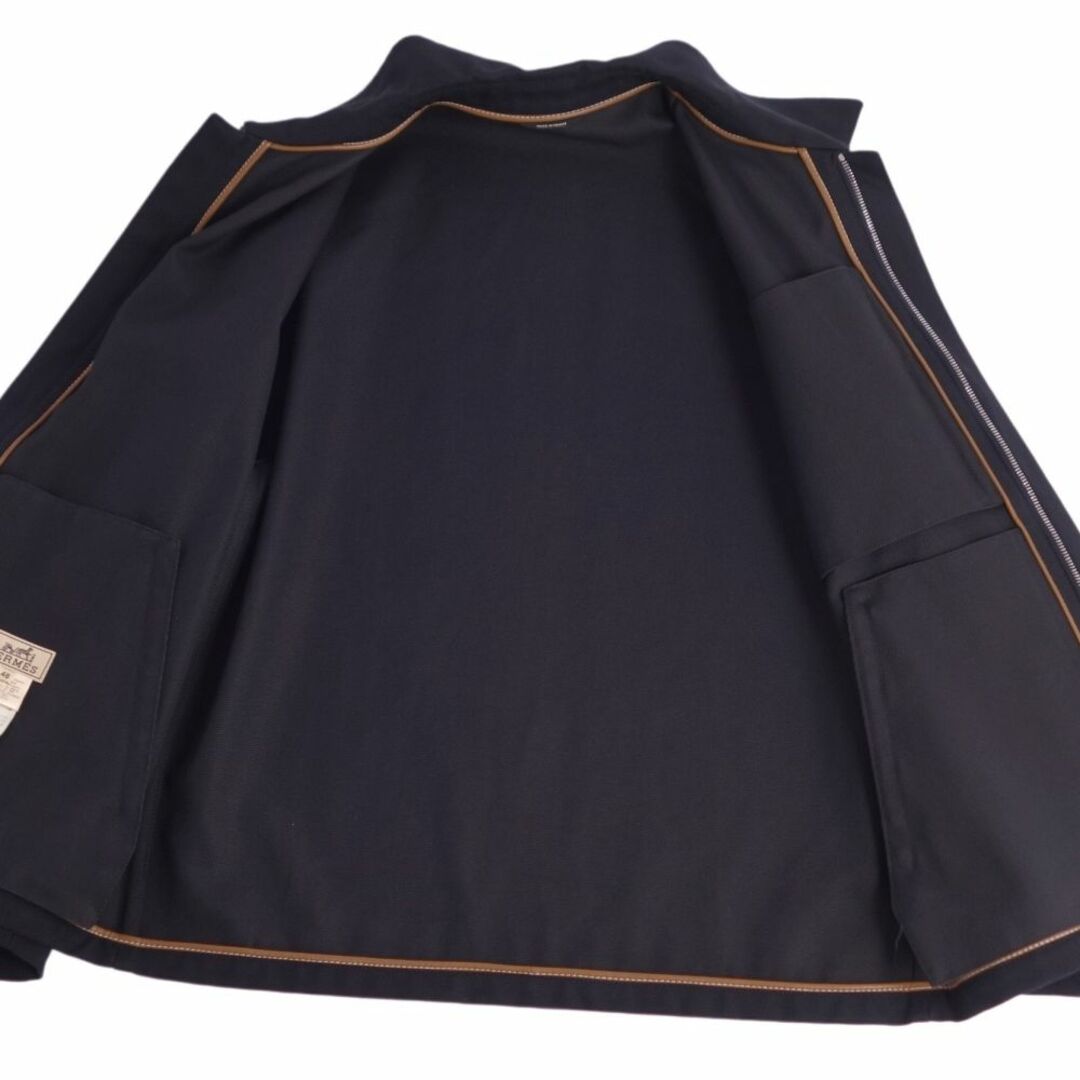 美品 エルメス HERMES ジャケット ジップアップ コットン ラムレザー アウター メンズ フランス製 48(M相当) ネイビー