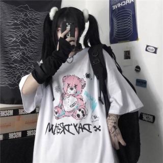 くま ベア 半袖 Tシャツ 病みかわ ゴスロリ 地雷系 原宿 ホワイト 白(Tシャツ(半袖/袖なし))