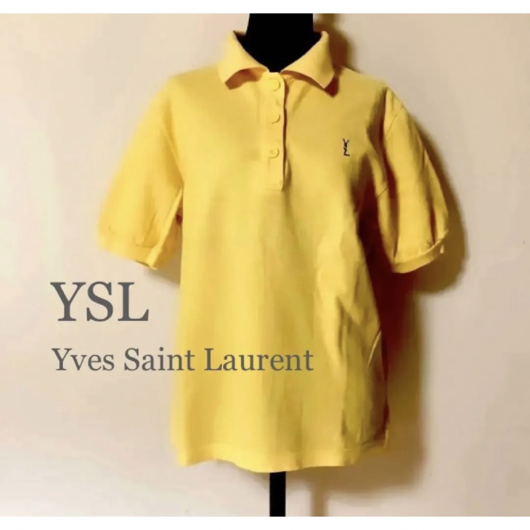 Yves Saint Laurent(イヴサンローラン)のイヴサンローラン　イエロー　ロゴ入り　半袖　ポロシャツ　レトロ　古着　Mサイズ メンズのトップス(Tシャツ/カットソー(半袖/袖なし))の商品写真