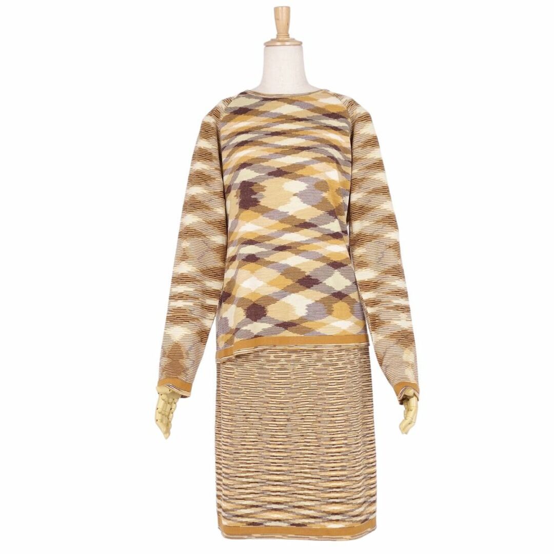 美品 ミッソーニ MISSONI セットアップ スカートスーツ ニット セーター スカート 総柄 ウール レディース ニット：46 スカート：44 ベージュ/ブラウン レディースのフォーマル/ドレス(スーツ)の商品写真