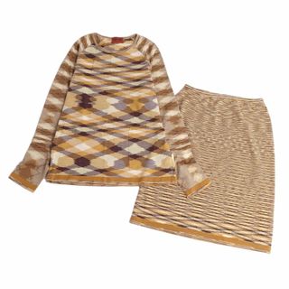 美品 ミッソーニ MISSONI セットアップ スカートスーツ ニット セーター スカート 総柄 ウール レディース ニット：46 スカート：44 ベージュ/ブラウン(スーツ)