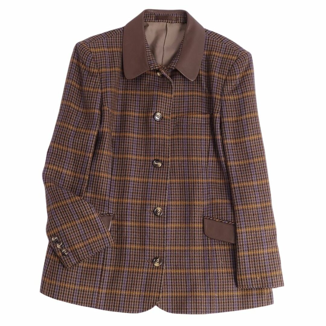 BURBERRY(バーバリー)の美品 Vintage バーバリー Burberrys ジャケット 襟レザー ウール シルク チェック アウター レディース 9AR(M相当) ブラウン レディースのジャケット/アウター(ピーコート)の商品写真