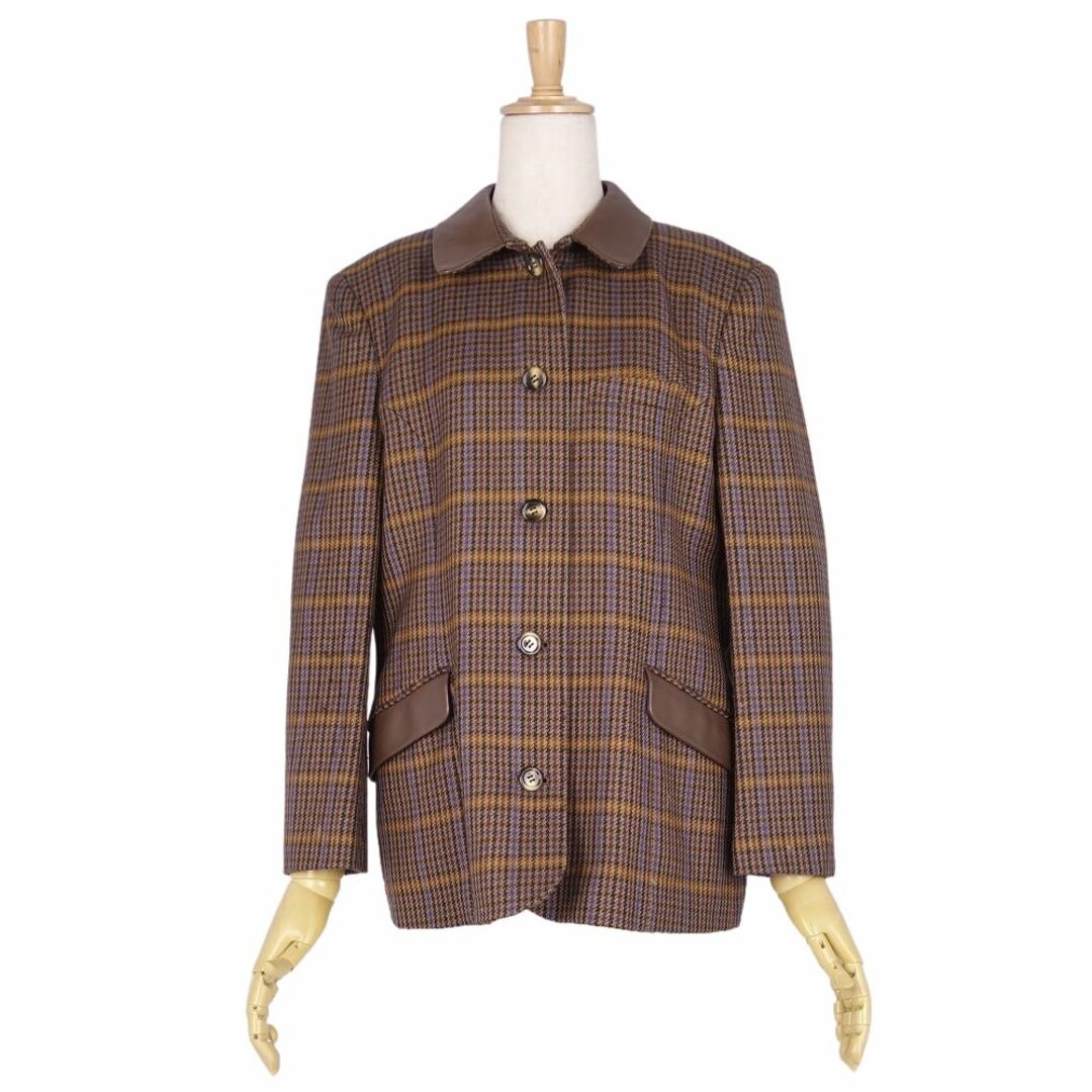 BURBERRY(バーバリー)の美品 Vintage バーバリー Burberrys ジャケット 襟レザー ウール シルク チェック アウター レディース 9AR(M相当) ブラウン レディースのジャケット/アウター(ピーコート)の商品写真