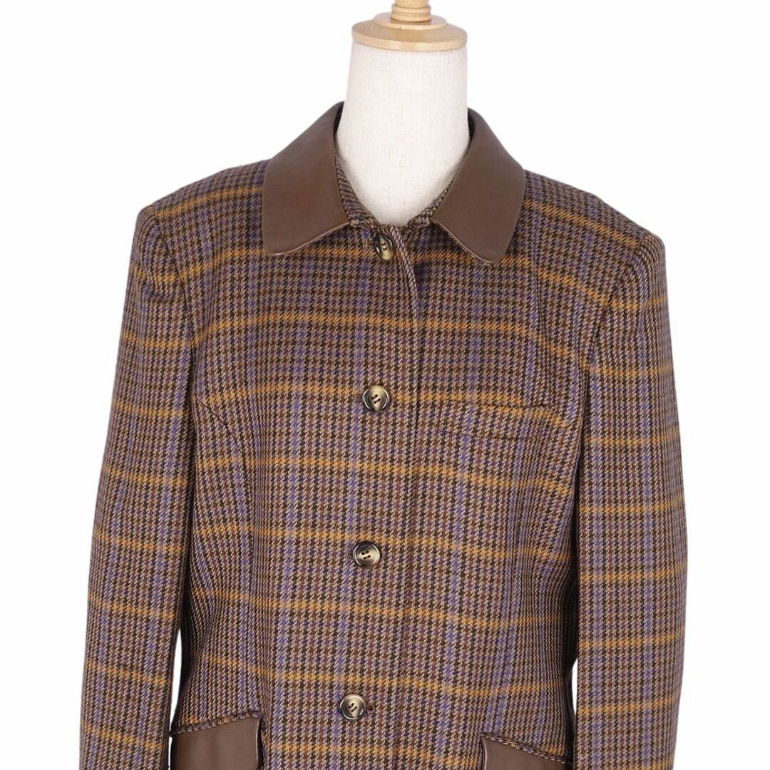 BURBERRY(バーバリー)の美品 Vintage バーバリー Burberrys ジャケット 襟レザー ウール シルク チェック アウター レディース 9AR(M相当) ブラウン レディースのジャケット/アウター(ピーコート)の商品写真