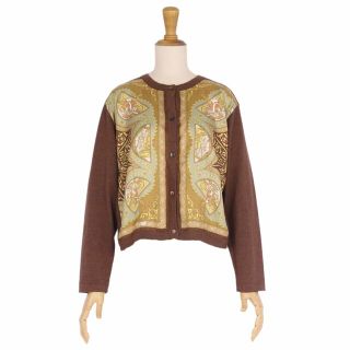 エトロ(ETRO)の美品 エトロ ETRO カーディガン シルク切り替え ウール 総柄 トップス レディース イタリア製 48(XL相当) ブラウン(カーディガン)