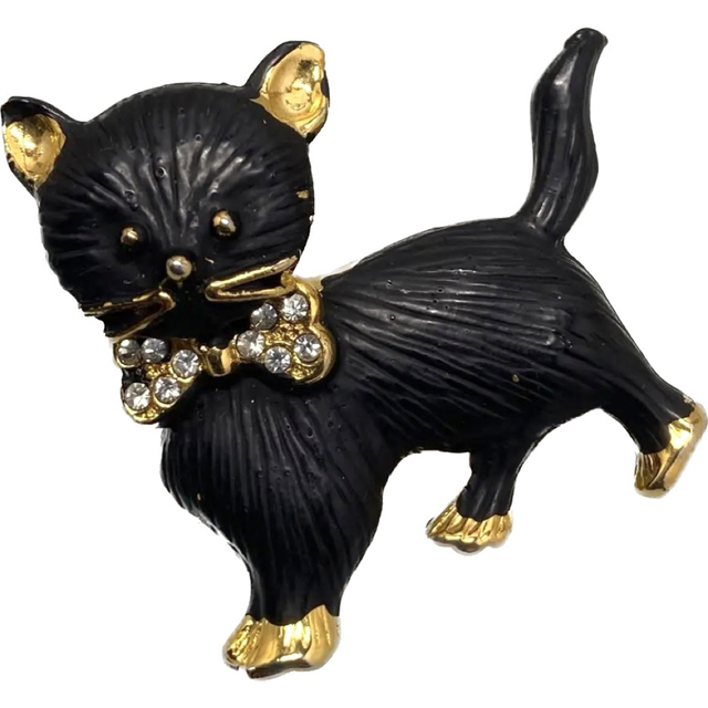 黒猫ヴィンテージブローチ 黒猫ねこ リボン ゴールド ラインストーン マットブラック