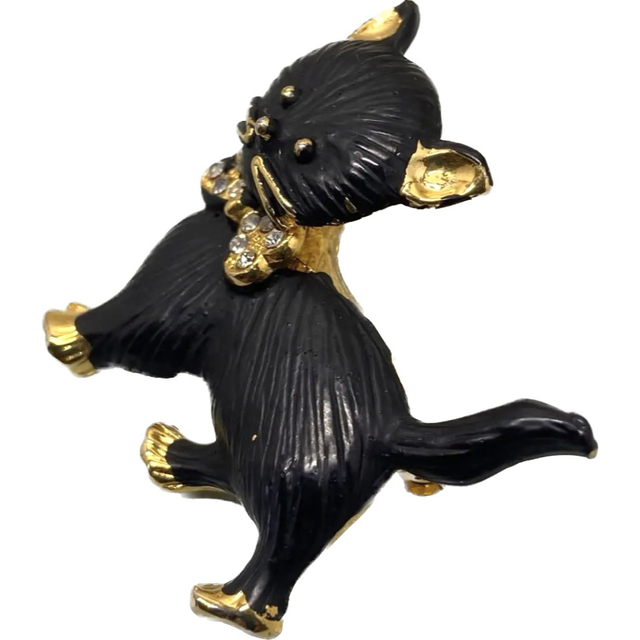 ヴィンテージブローチ 黒猫ねこ リボン ゴールド ラインストーン マットブラック 1