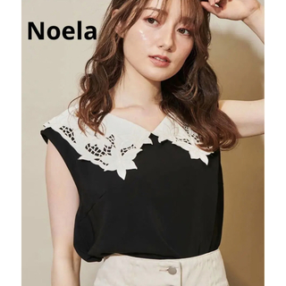ノエラ(Noela)のNoela ノエラ ノースリーブブラウス 襟 レース 花柄 黒 ブラック(カットソー(半袖/袖なし))
