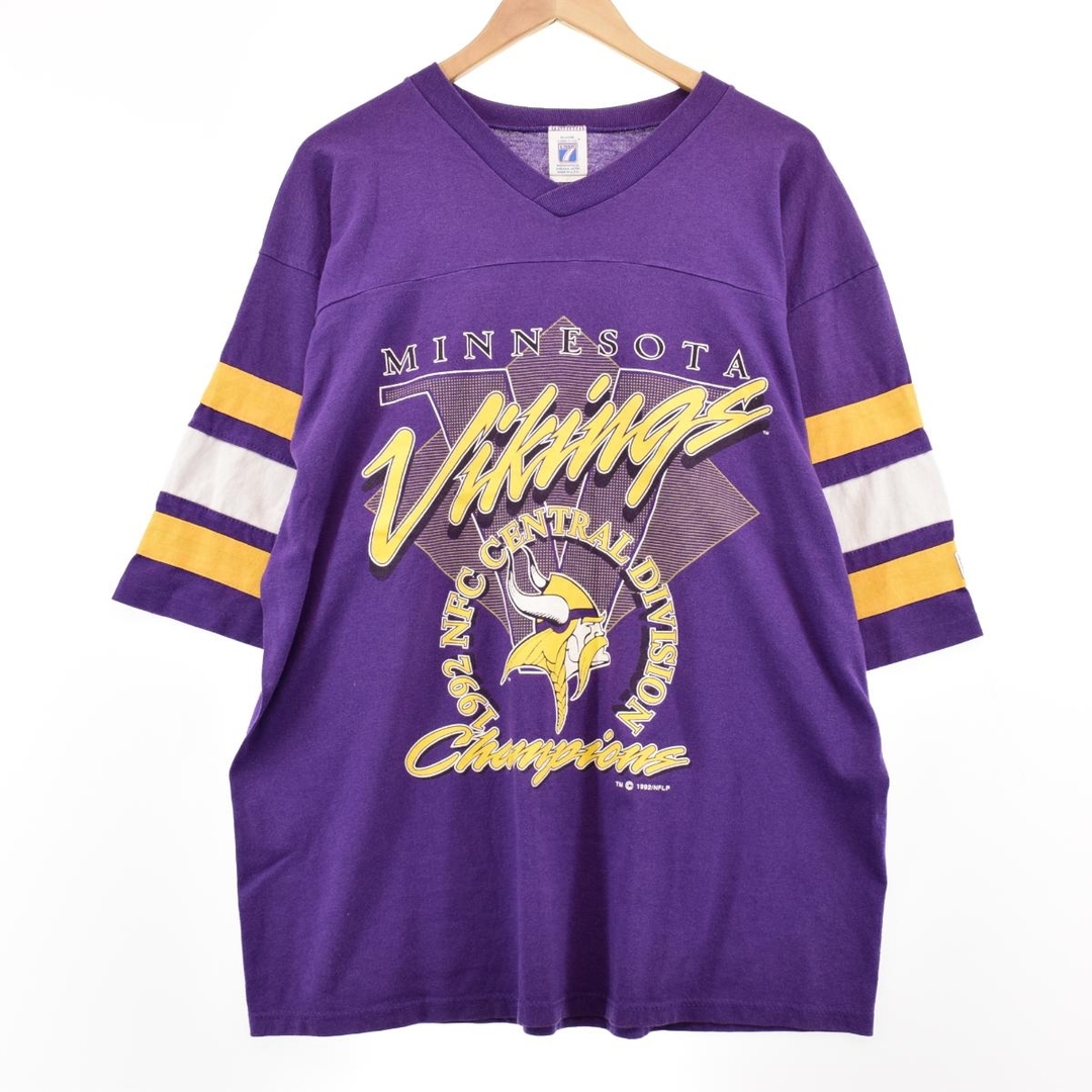 古着 90年代 LOGO7 NFL MINNESOTA VIKINGS ミネソタバイキングス Vネック スポーツプリントTシャツ USA製 メンズXL ヴィンテージ /eaa326533 メンズのトップス(Tシャツ/カットソー(半袖/袖なし))の商品写真