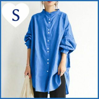 バンドカラー ロング丈 シャツ チュニック 【ブルーS】(シャツ/ブラウス(長袖/七分))