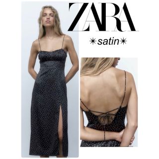 ザラ(ZARA)の匿名配送 新品　ZARA エアリー サテン　キャミワンピ　ギャザー　ブラック　黒(ロングワンピース/マキシワンピース)