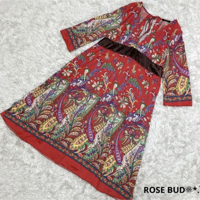 ROSE BUD(ローズバッド)のROSE BUD ワンピース ペイズリー柄 リボン 良品 レディースのワンピース(ひざ丈ワンピース)の商品写真