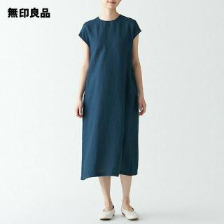 ムジルシリョウヒン(MUJI (無印良品))の◆新品◆ 無印良品ヘンプ洗いざらしフレンチスリーブワンピース／ブルー／Ｌ(ひざ丈ワンピース)