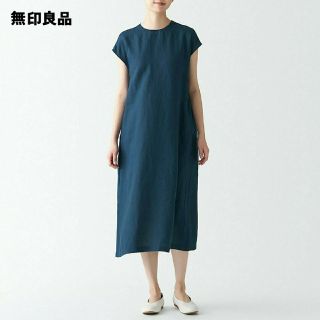 ムジルシリョウヒン(MUJI (無印良品))の《新品》無印良品ヘンプ洗いざらしフレンチスリーブワンピース／ブルー／XL(ひざ丈ワンピース)