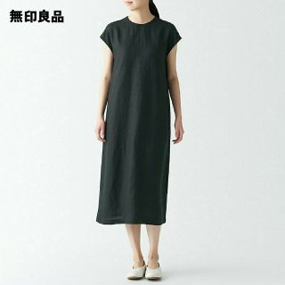 ムジルシリョウヒン(MUJI (無印良品))の◆新品◆ 無印良品ヘンプ洗いざらしフレンチスリーブワンピース／黒／Ｍ(ひざ丈ワンピース)