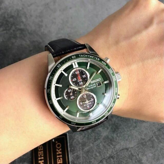 古典 セイコー SEIKO クロノグラフ ステンレス ソーラー ブラック 革
