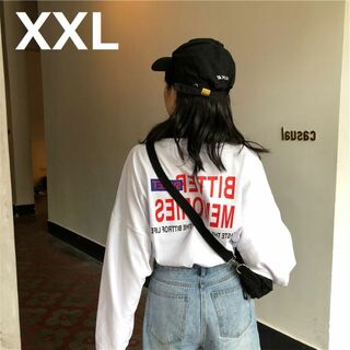 Tシャツ 長袖 ビッグシルエット バック ロゴ プリント ホワイト　XXL(Tシャツ(長袖/七分))