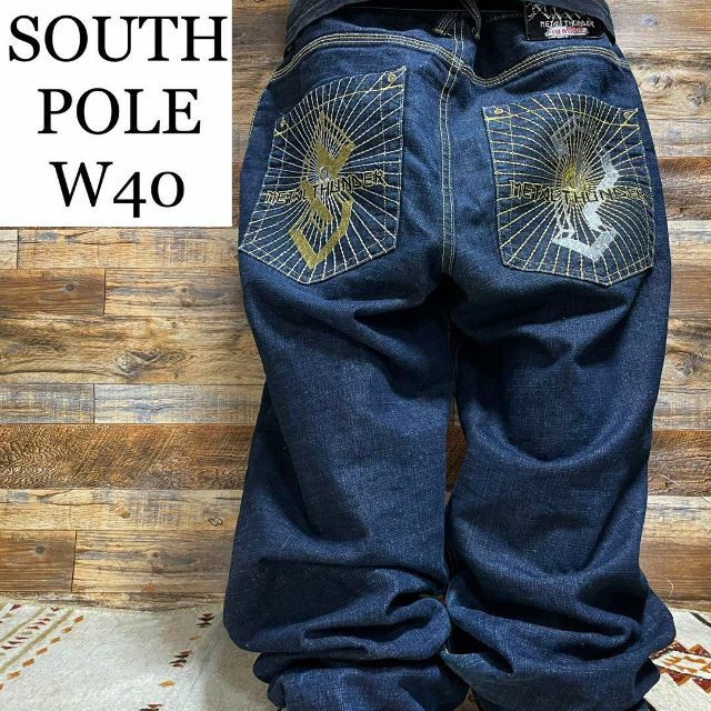 フブデニムバギーパンツジーンズストリートw40極太b系y2k刺繍ジーパン