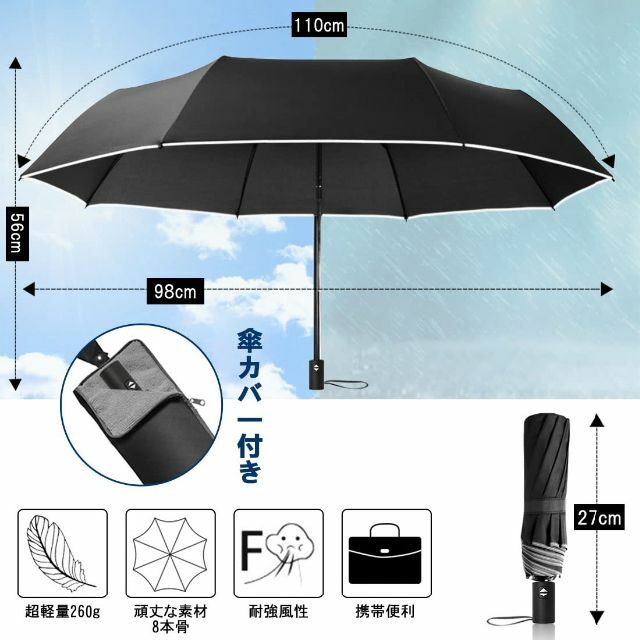 【色: ブラック】令和5年新版折りたたみ傘 ワンタッチ 自動開閉 メンズFlin