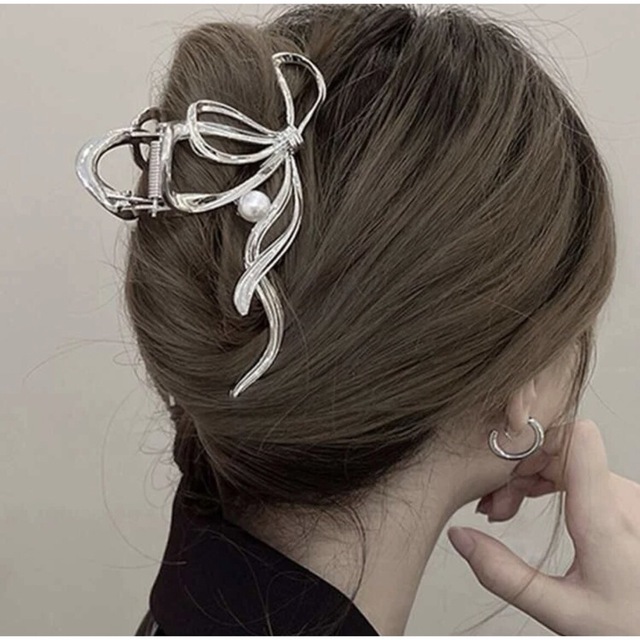 No.111 バンスクリップ シルバー リボンパール ヘアクリップ 髪 No.111 バンスクリップ シルバー リボンパール ヘアクリップ 髪