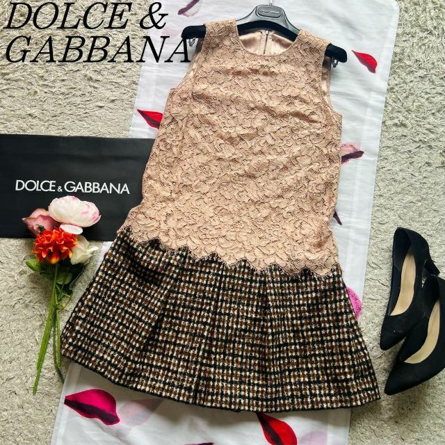 美品】DOLCE&GABBANA ツイードレースワンピース ノースリーブ 38