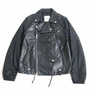 美品◆MONCLER モンクレール MASSART ナイロン×レザー ダウン ダブルライダースジャケット ブラック 3 正規品 メンズ ハンガー付き