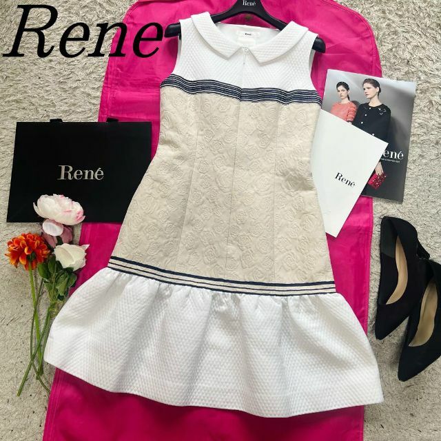 【美品】Rene 襟付きワンピース バラ ノースリーブ 36 TISSUE素材コットンポリエステル