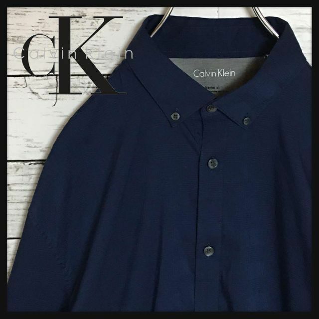 ck Calvin Klein(シーケーカルバンクライン)の【美品希少デザイン】カルバンクライン☆長袖ドレスシャツ　紺色　L A267 メンズのトップス(シャツ)の商品写真