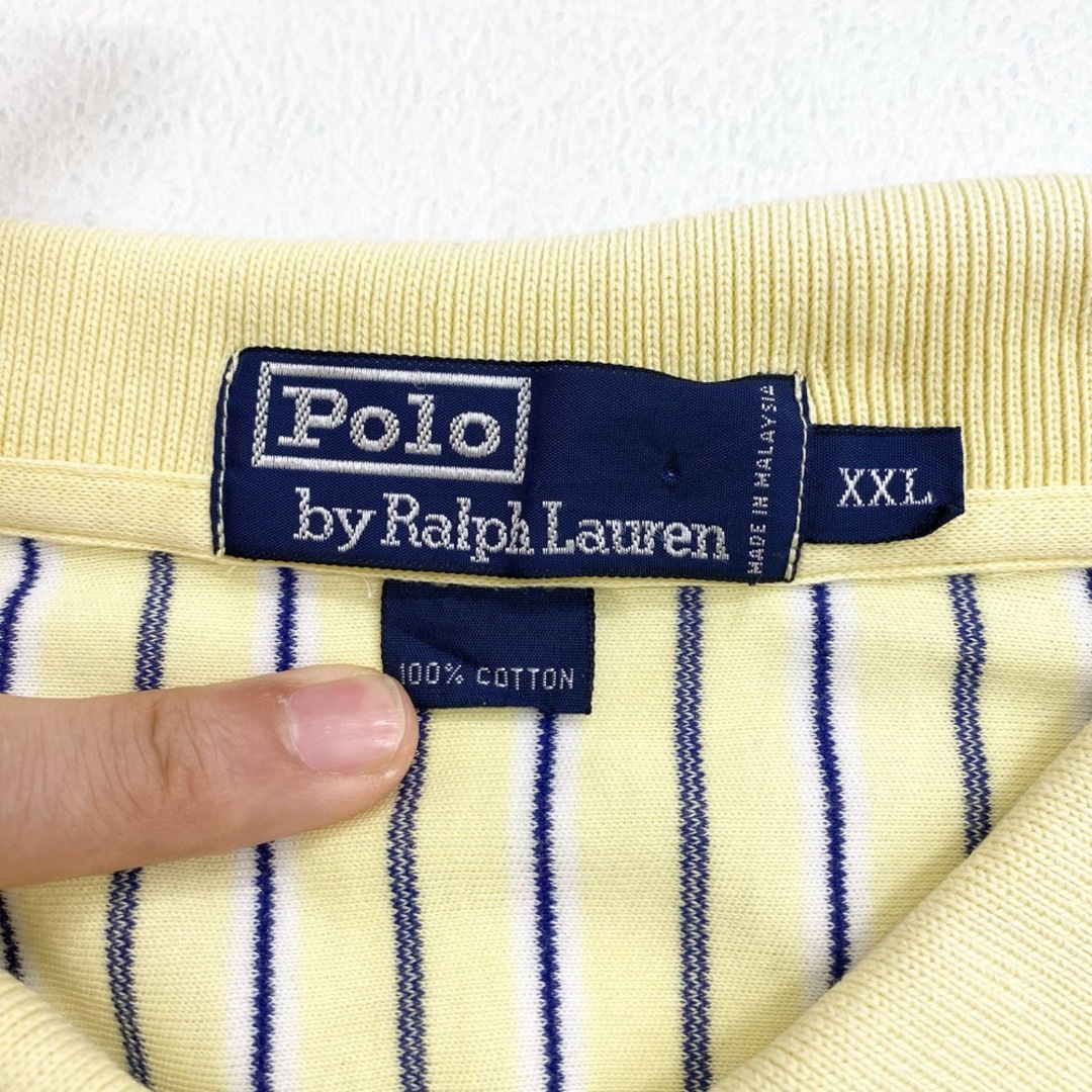 Ralph Lauren(ラルフローレン)のレディース US古着 ポロ ラルフローレン Polo by Ralph Lauren コットン ポロワンピース 半袖 ストライプ 3つボタン ポニー 刺繍 サイズ：レディース XXL ビッグサイズ ライトイエロー×ネイビー×ホワイト【中古】 レディースのワンピース(その他)の商品写真