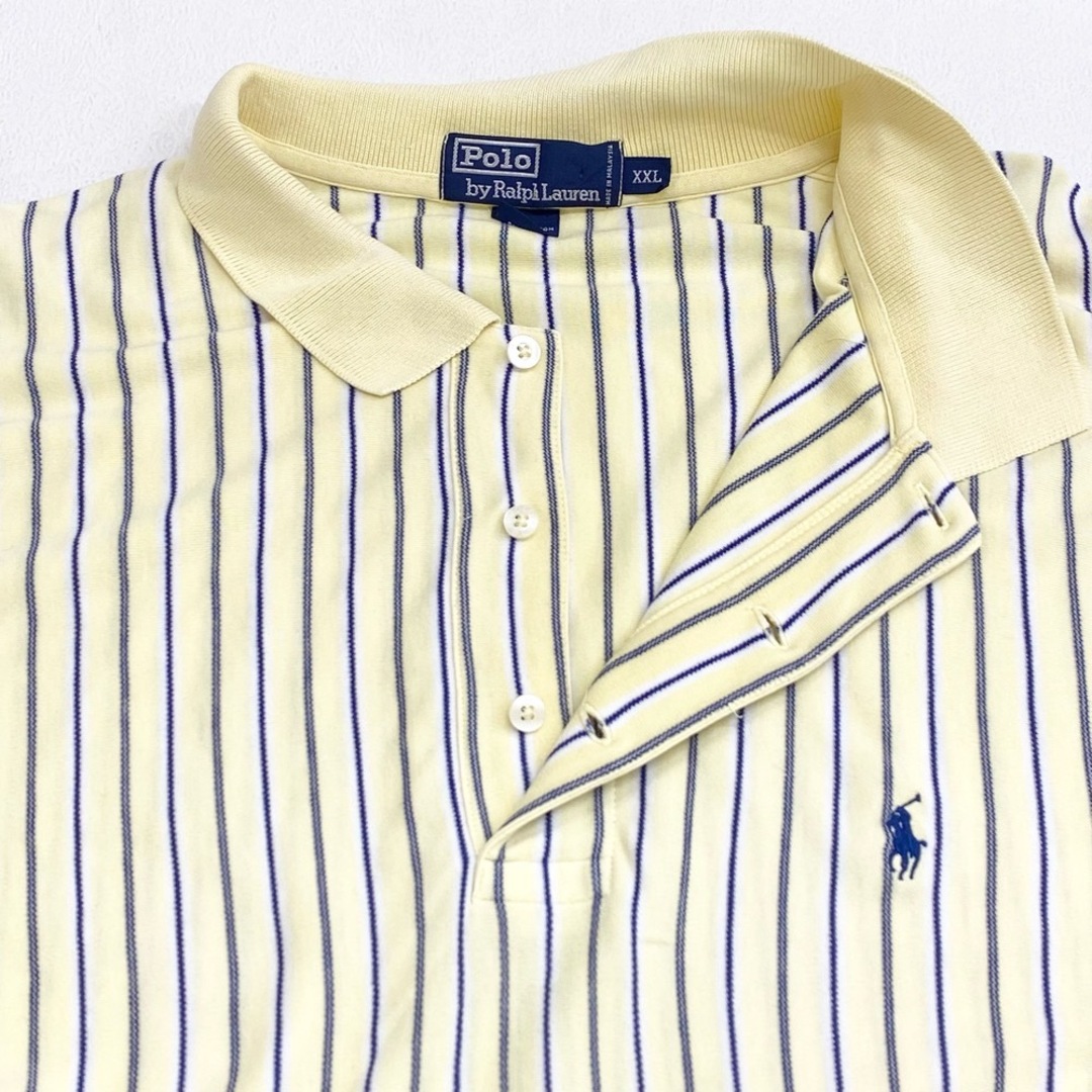 Ralph Lauren(ラルフローレン)のレディース US古着 ポロ ラルフローレン Polo by Ralph Lauren コットン ポロワンピース 半袖 ストライプ 3つボタン ポニー 刺繍 サイズ：レディース XXL ビッグサイズ ライトイエロー×ネイビー×ホワイト【中古】 レディースのワンピース(その他)の商品写真