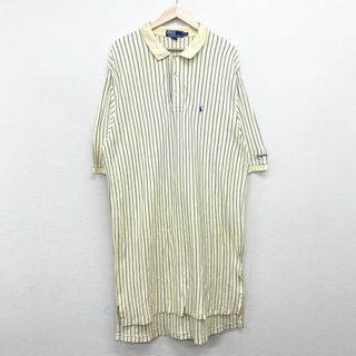 ラルフローレン(Ralph Lauren)のレディース US古着 ポロ ラルフローレン Polo by Ralph Lauren コットン ポロワンピース 半袖 ストライプ 3つボタン ポニー 刺繍 サイズ：レディース XXL ビッグサイズ ライトイエロー×ネイビー×ホワイト【中古】(その他)