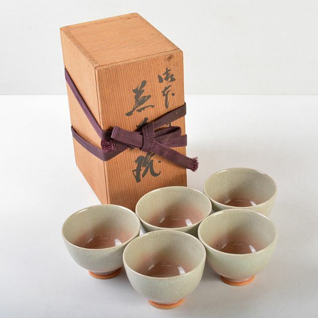 煎茶道具　北村和善作　御室焼　御本手　煎茶碗　五客　共箱　M　R5833美術品/アンティーク